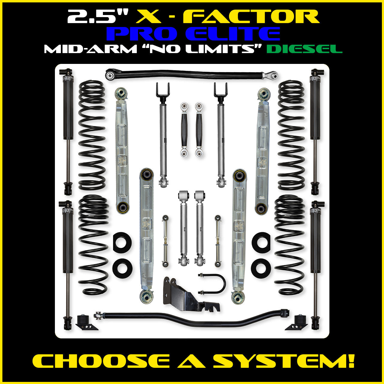 JLU 2.5 Inch X Factor Pro Elite "No Limits" Aluminum System w/ PB+J Lower Mid Arms Diesel Model