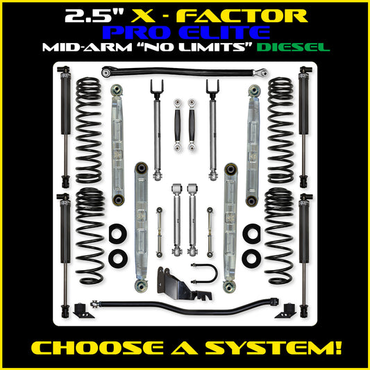 JLU 2.5 Inch X Factor Pro Elite "No Limits" Aluminum System w/ PB+J Lower Mid Arms Diesel Model