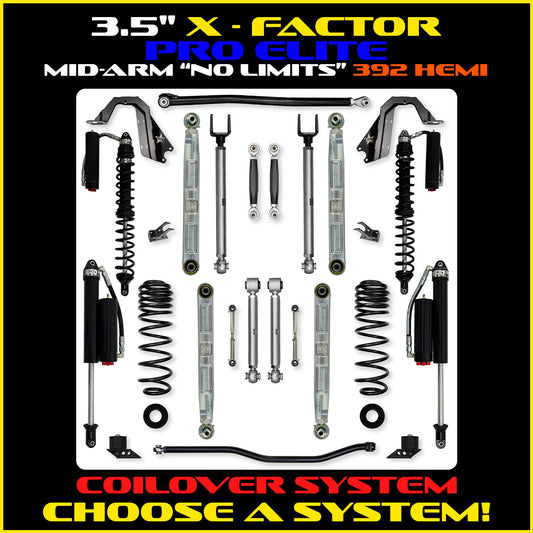 JLU 3.5 Inch X Factor Pro Elite "No Limits" Aluminum Coil Over System w/ PB+J Lower Mid Arms 392 Model
