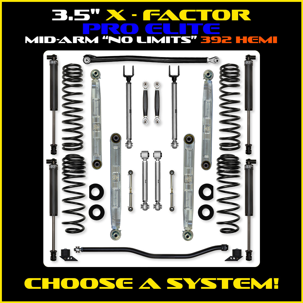 JLU 3.5 Inch X Factor Pro Elite "No Limits" Aluminum System w/ PB+J Lower Mid Arms 392 Model