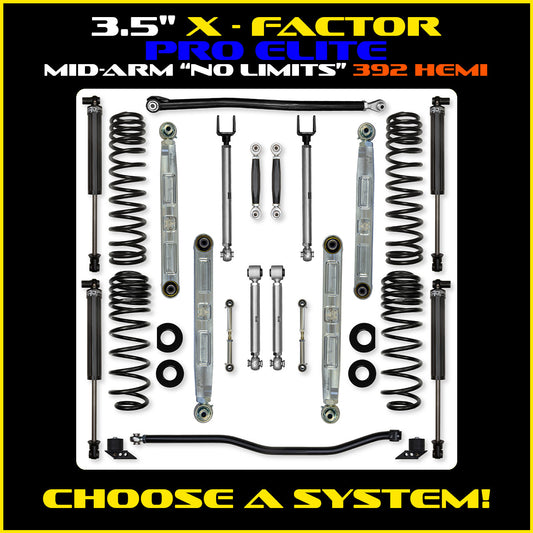 JLU 3.5 Inch X Factor Pro Elite "No Limits" Aluminum System w/ PB+J Lower Mid Arms 392 Model