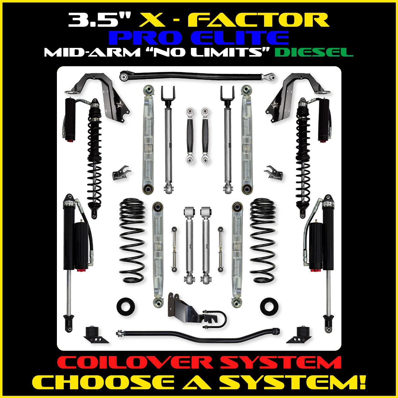 JLU 3.5 Inch X Factor Pro Elite Aluminum Coil Over System w/ PB+J Lower Mid Arms Diesel Model