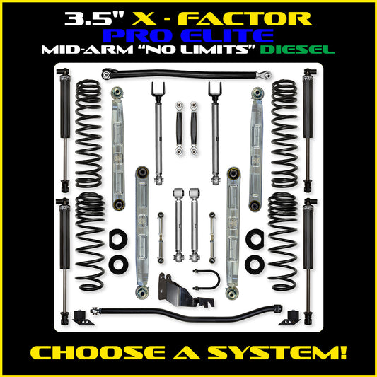 JLU 3.5 Inch X Factor Pro Elite "No Limits" Aluminum System w/ PB+J Lower Mid Arms Diesel Model
