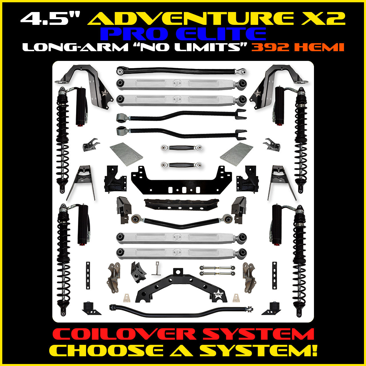 JLU 4.5 Inch Adventure-X Pro Elite "No Limits" Long Arm Coil Over Suspension 392 Model