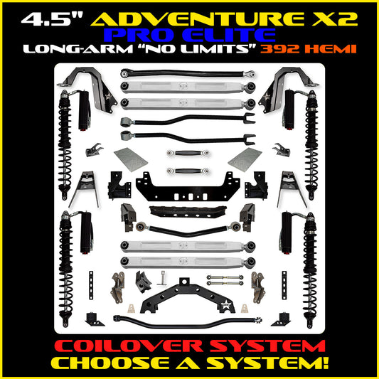 JLU 4.5 Inch Adventure-X Pro Elite "No Limits" Long Arm Coil Over Suspension 392 Model