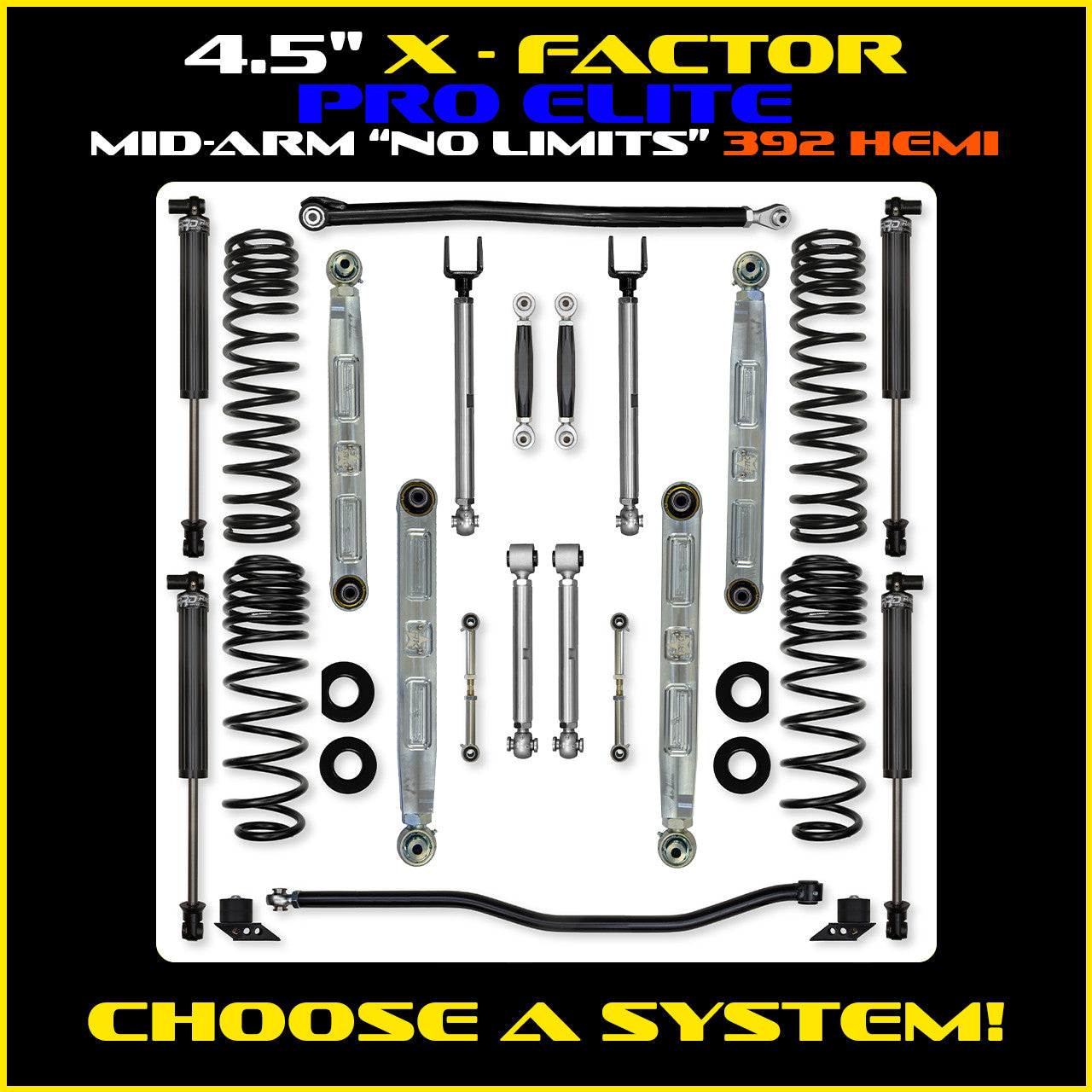 JLU 4.5 Inch X Factor Pro Elite "No Limits" Aluminum System w/ PB+J Lower Mid Arms 392 Model