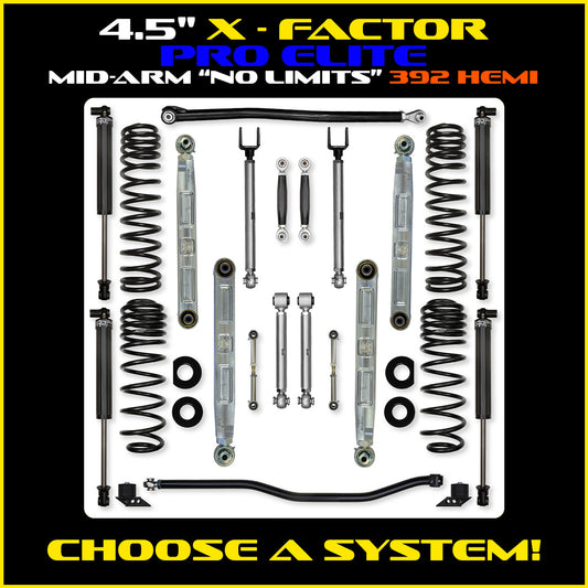 JLU 4.5 Inch X Factor Pro Elite "No Limits" Aluminum System w/ PB+J Lower Mid Arms 392 Model