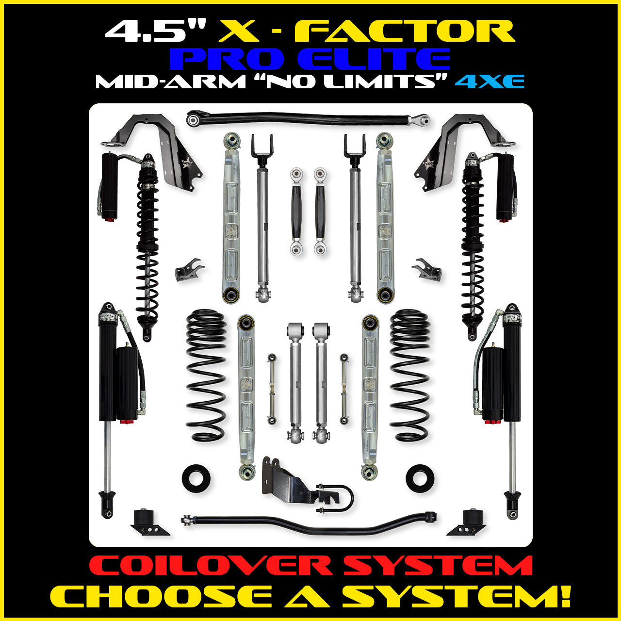 JLU 4.5 Inch X Factor Pro Elite "No Limits" Aluminum Coil Over System w/ PB+J Lower Mid Arms 4XE Model