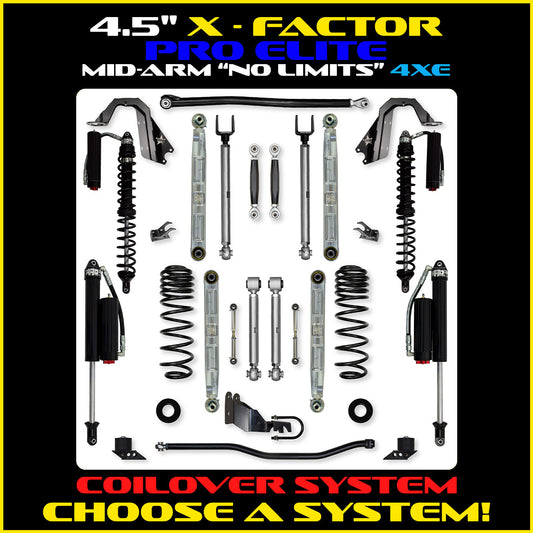 JLU 4.5 Inch X Factor Pro Elite "No Limits" Aluminum Coil Over System w/ PB+J Lower Mid Arms 4XE Model
