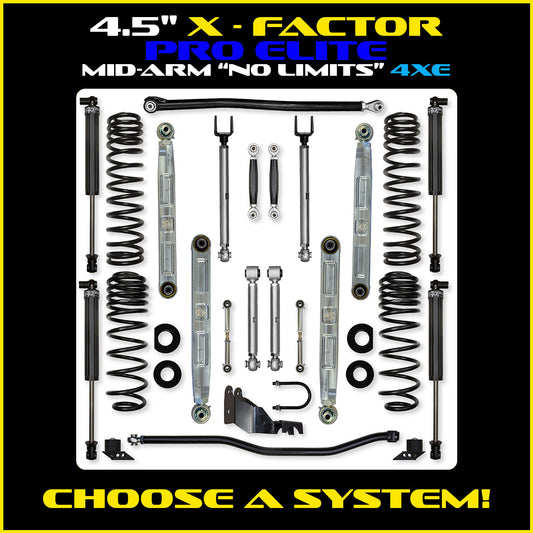 JLU 4.5 Inch X Factor Pro Elite "No Limits" Aluminum System w/ PB+J Lower Mid Arms 4XE Model