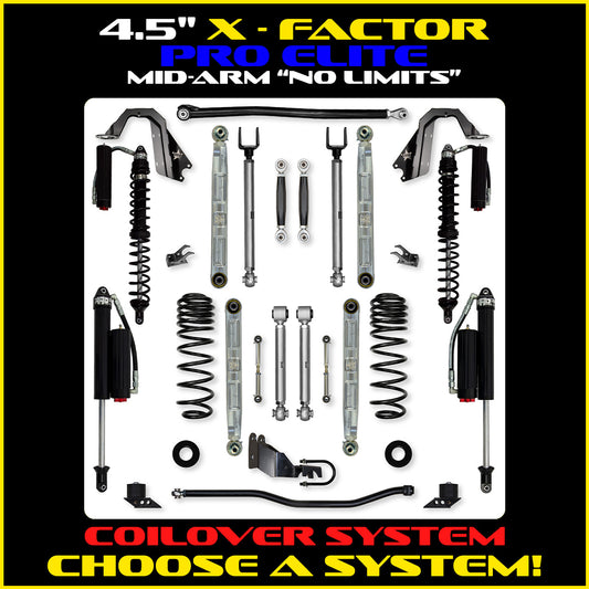 JLU 4.5 Inch X Factor Pro Elite "No Limits" Aluminum Coil Over System w/ PB+J Lower Mid Arms 4 Door Model