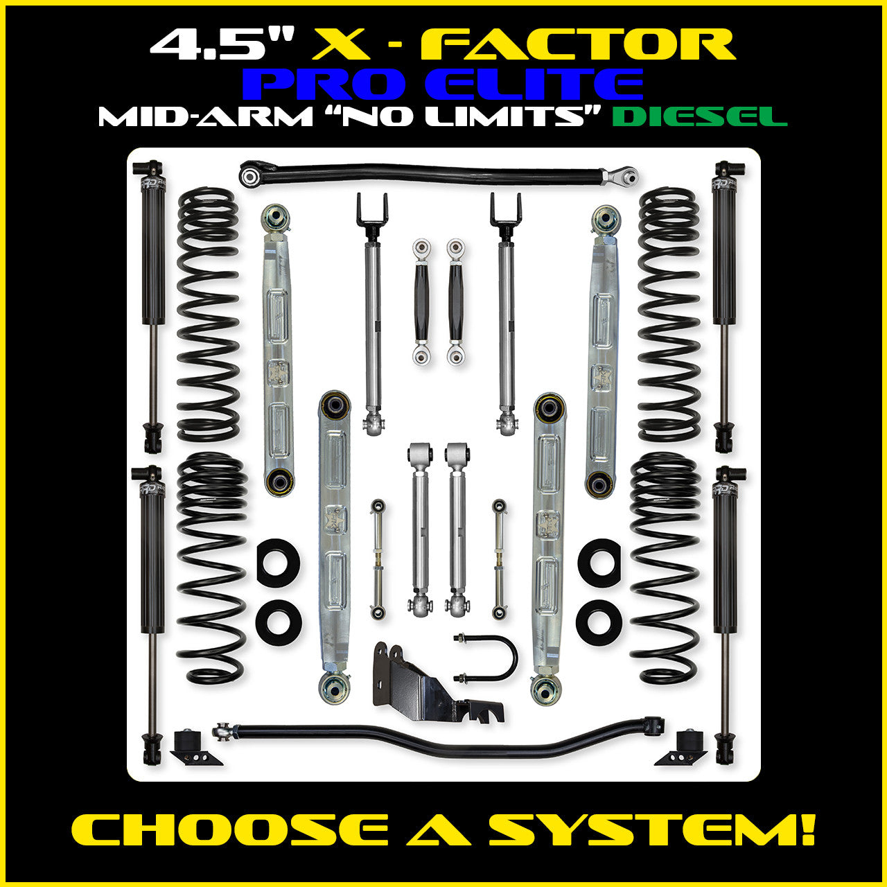 JLU 4.5 Inch X Factor Pro Elite "No Limits" Aluminum System w/ PB+J Lower Mid Arms Diesel Model