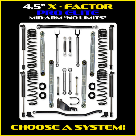 JLU 4.5 Inch X Factor Pro Elite "No Limits" Aluminum System w/ PB+J Lower Mid Arms 4 Door Model