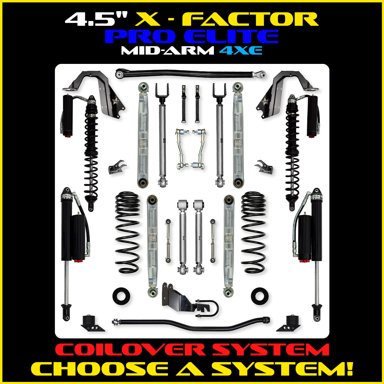 JLU 4.5 Inch X Factor Pro Elite Aluminum Coil Over System w/ PB+J Lower Mid Arms 4XE Model