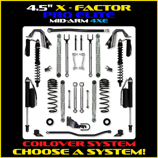 JLU 4.5 Inch X Factor Pro Elite Aluminum Coil Over System w/ PB+J Lower Mid Arms 4XE Model