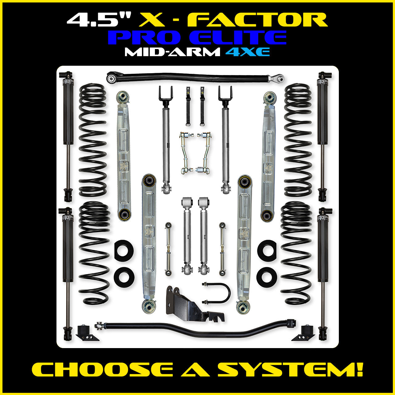 JLU 4.5 Inch X Factor Pro Elite Aluminum System w/ PB+J Lower Mid Arms 4XE Model