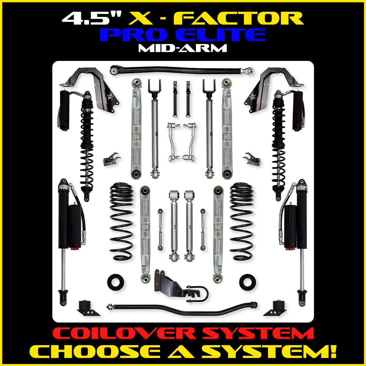 JLU 4.5 Inch X Factor Pro Elite Aluminum Coil Over System w/ PB+J Lower Mid Arms 4 Door Model