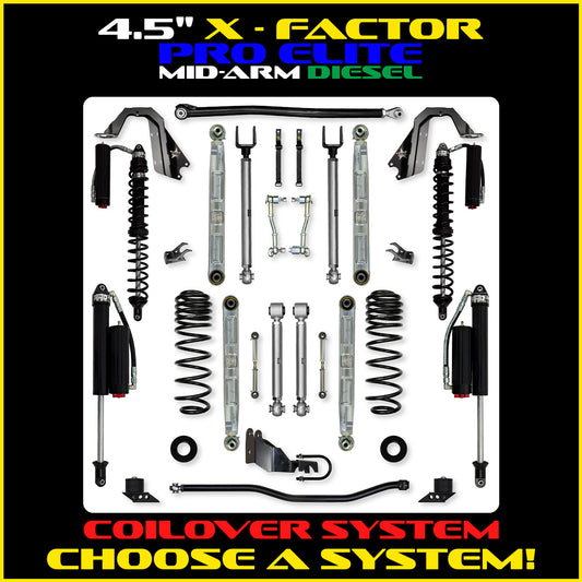 JLU 4.5 Inch X Factor Pro Elite Aluminum Coil Over System w/ PB+J Lower Mid Arms Diesel Model