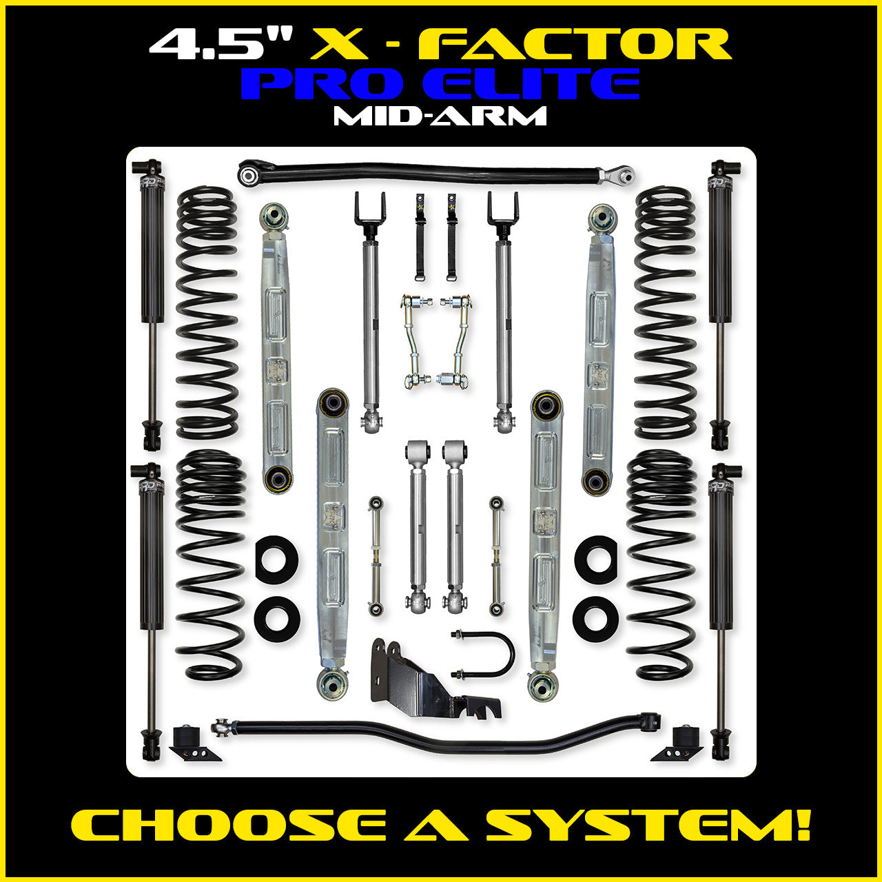 JLU 4.5 Inch X Factor Pro Elite Aluminum System w/ PB+J Lower Mid Arms 4 Door Model