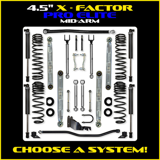 JLU 4.5 Inch X Factor Pro Elite Aluminum System w/ PB+J Lower Mid Arms 4 Door Model