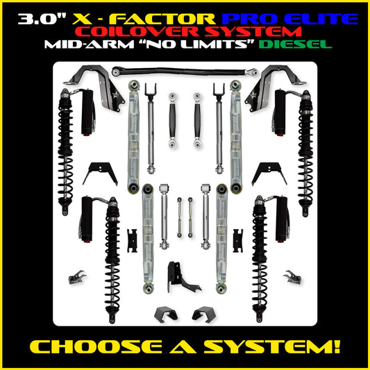Gladiator 3.0 Inch X Factor Pro Elite  "No Limits" Aluminum Coil Over System w/ PB+J Lower Mid Arms Diesel Model