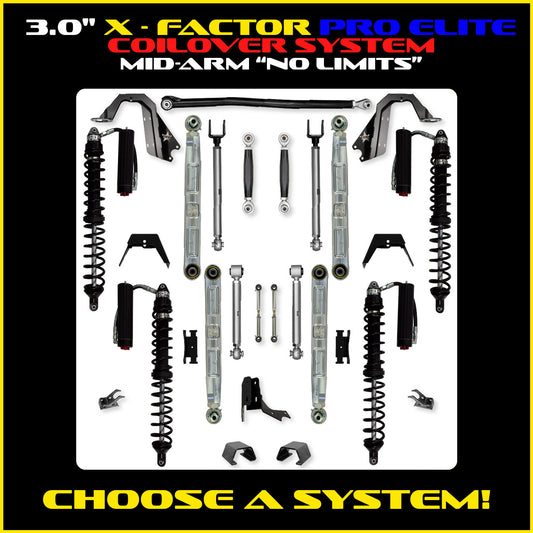 Gladiator 3.0 Inch X Factor Pro Elite  "No Limits" Aluminum Coil Over System w/ PB+J Lower Mid Arms