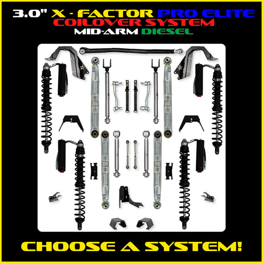 Gladiator 3.0 Inch X Factor Pro Elite Aluminum Coil Over System w/ PB+J Lower Mid Arms Diesel Model