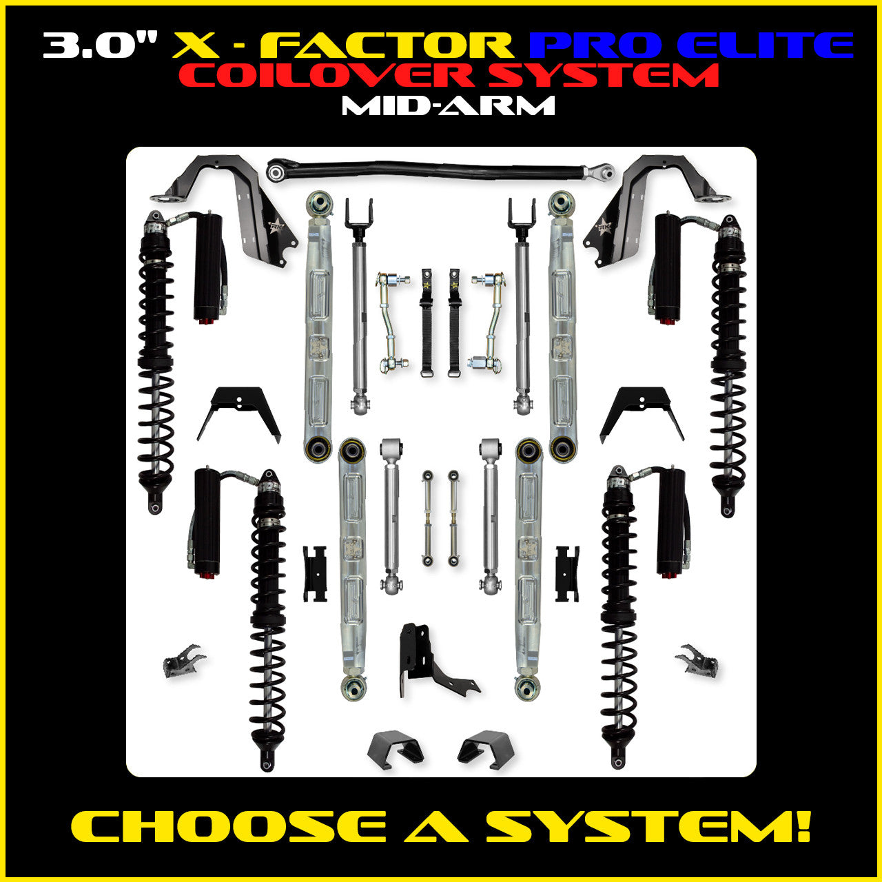 Gladiator 3.0 Inch X Factor Pro Elite Aluminum Coil Over System w/ PB+J Lower Mid Arms