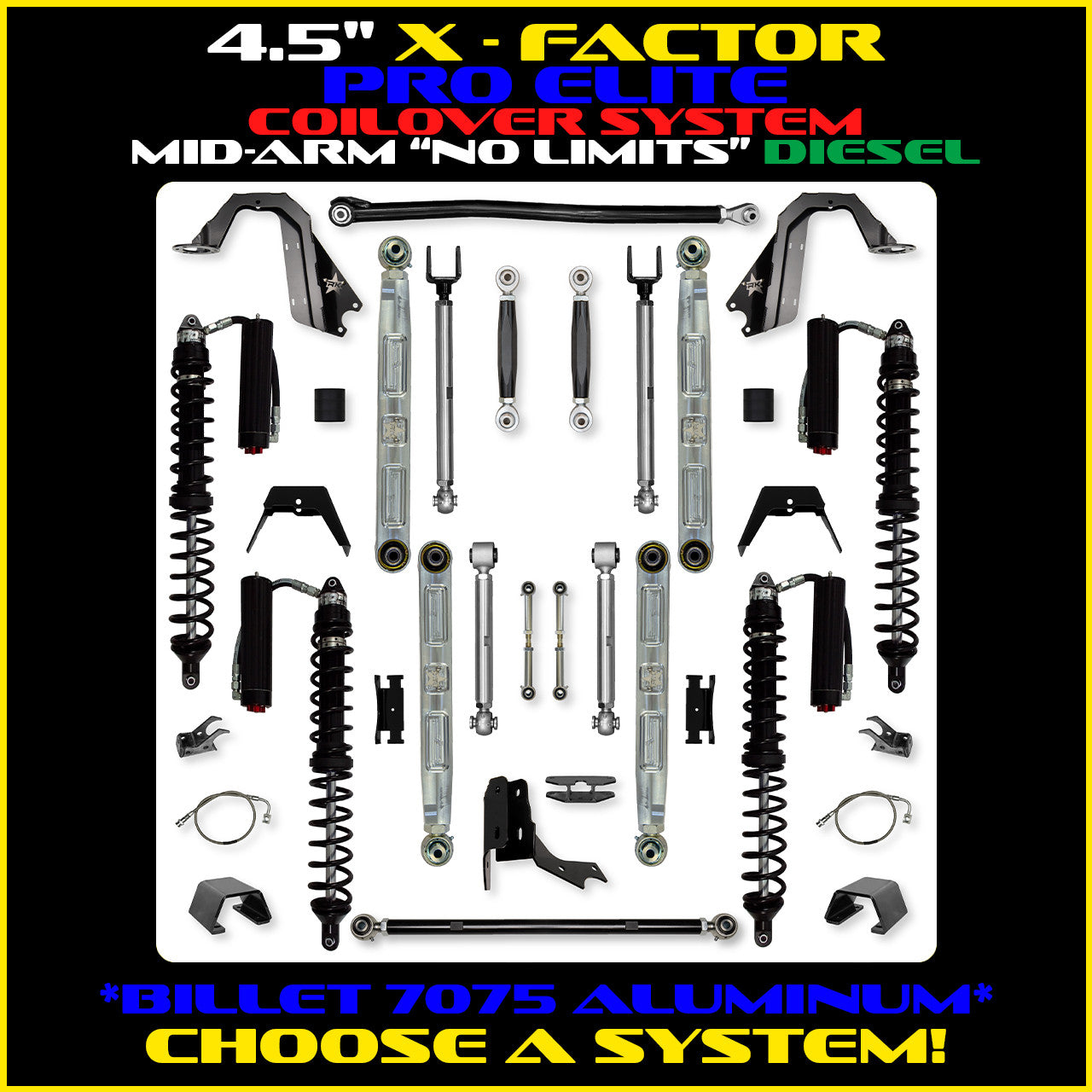 Gladiator 4.5 Inch X Factor Pro Elite  "No Limits" Aluminum Coil Over System w/ PB+J Lower Mid Arms Diesel Model