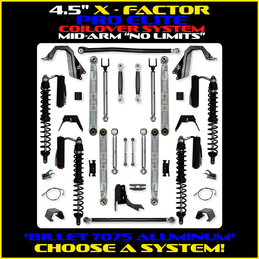 Gladiator 4.5 Inch X Factor Pro Elite  "No Limits" Aluminum Coil Over System w/ PB+J Lower Mid Arms