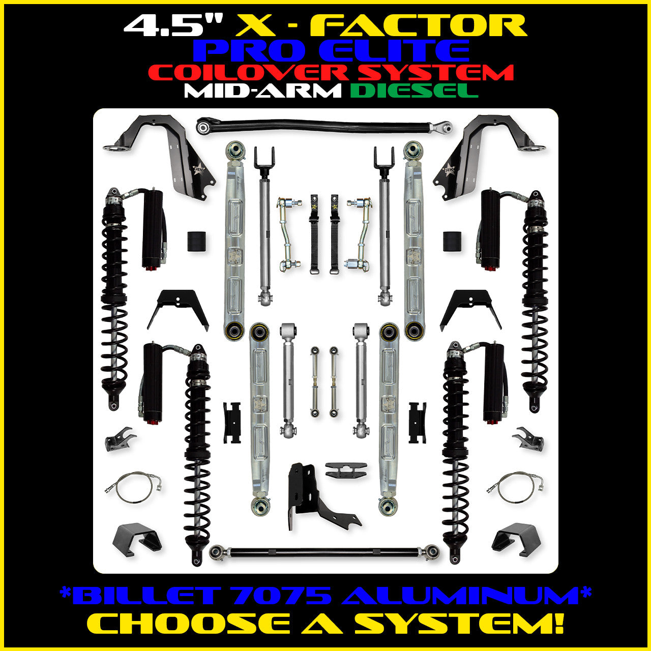 Gladiator 4.5 Inch X Factor Pro Elite Aluminum Coil Over System w/ PB+J Lower Mid Arms Diesel Model